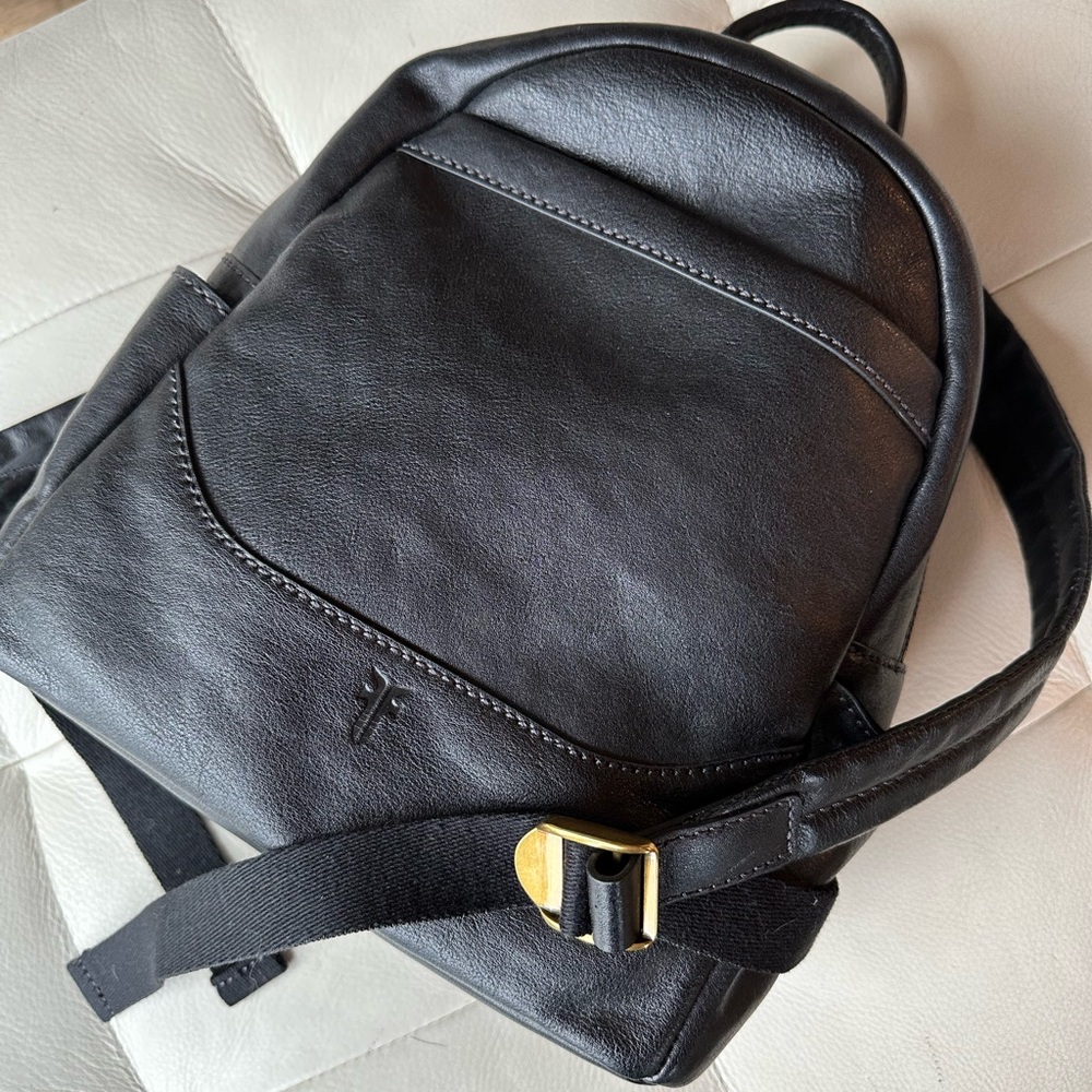 Frye classic genuine leather backpack, heavy brass hardware. Compact but roomy.